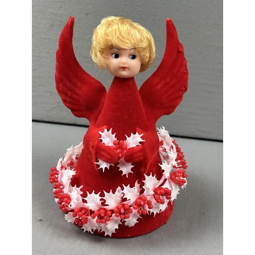 Vintage Commodore Christmas Angel Flocked‎ Red Decoration Holly Side Eye In Box